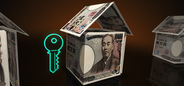 Yen symbols ingeniously form houses, accentuated by a symbolic key, evoking notions of financial security and home ownership.