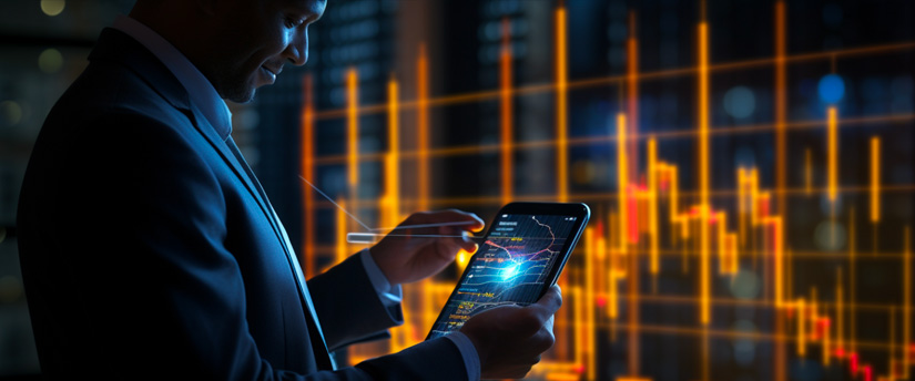 A trader, holding a tablet with forex data and backed by candlestick charts, exemplifies the essential role of a forex broker in trading.