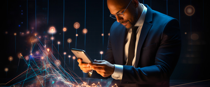 A trader holding his mobile device, surrounded by charts, exemplifies the analytical tools and expertise offered by a forex broker.