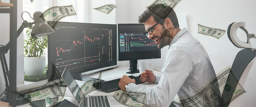 A trader positioned in front of a laptop and monitors, with dollars floating in the air, depicting forex trading's financial allure.