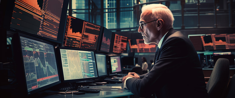 A trader closely examining multiple monitors displaying forex data, showcasing the capabilities of a trading platform.