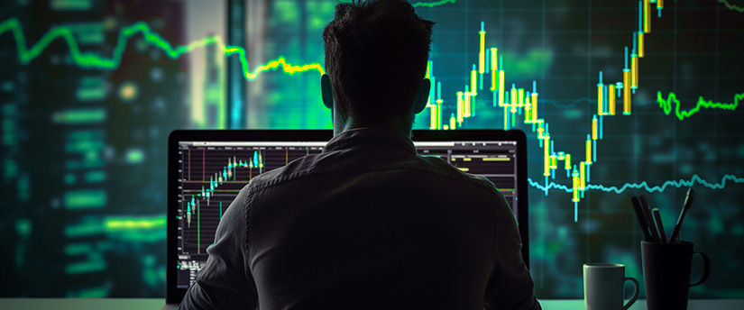 A trader, intently focused on his laptop, analyzes charts and candlestick charts, a representation of leveraging financial strategies.