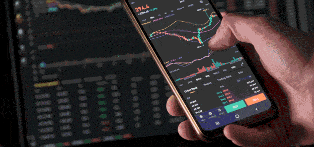 A trader confidently holding his mobile device, analyzing forex spread data on the go