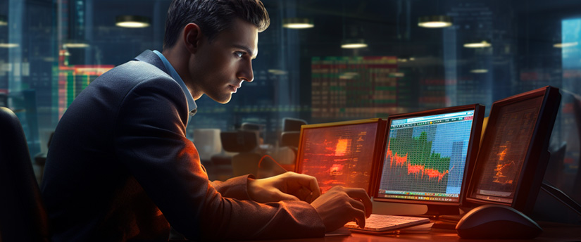 A trader attentively observing a laptop displaying data, illustrating the practice of forex trading.