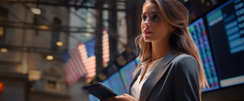 A trader confidently holding a tablet with multiple monitors displaying forex data in the background, signifying forex trading.