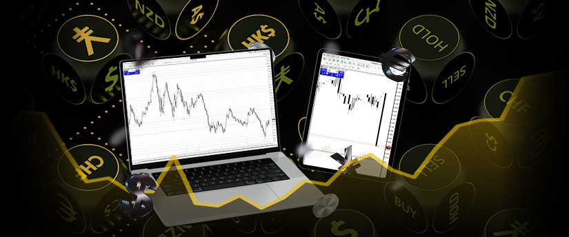 Two laptops with data on forex trading, accompanied by currencies in the background, representing the forex trading environment.