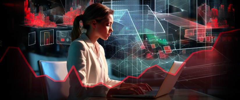 A trader, encircled by charts and data, intently works on her laptop, exemplifying the immersive nature of forex trading analysis.