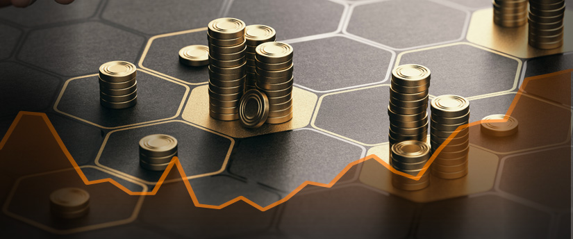 Stacks of gold coins and forex data in the foreground epitomize the financial services and wealth management offered by forex brokers.
