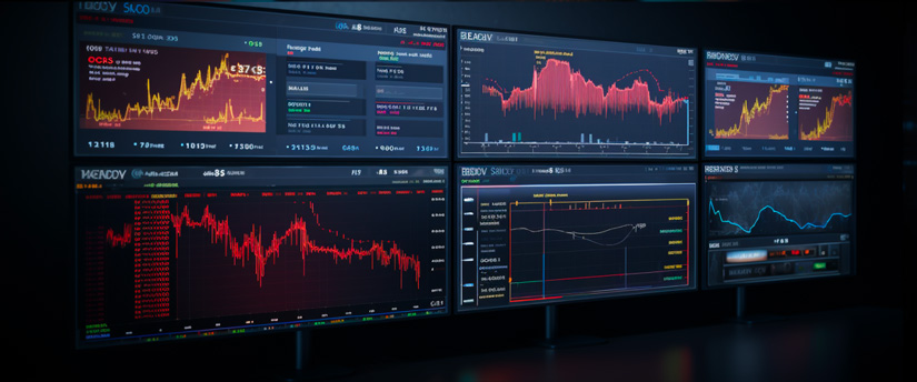 Live forex data being displayed on multiple screens running MetaTrader 4.
