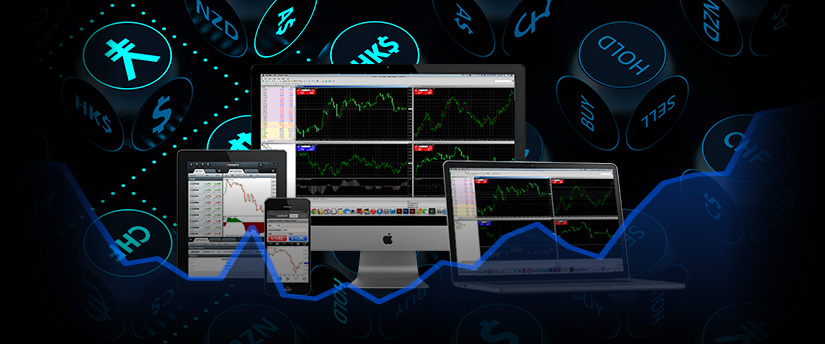 Several devices showcasing MetaTrader 4 data with various currencies in the background, illustrating the breadth of forex trading.