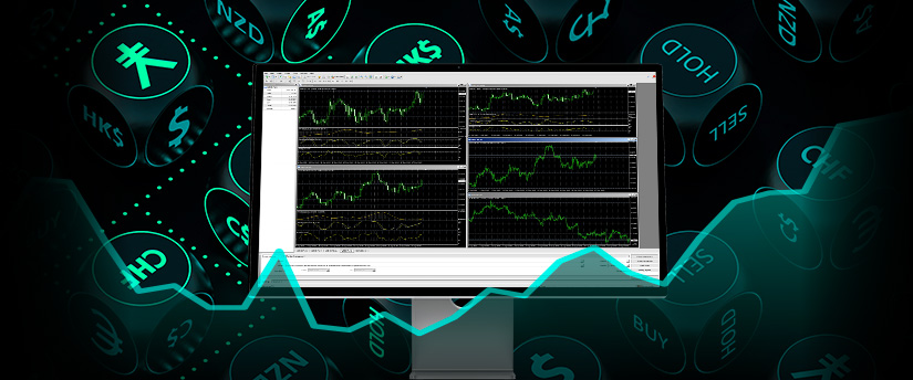 A PC running MetaTrader 4 software with various currencies positioned around it, symbolizing forex trading