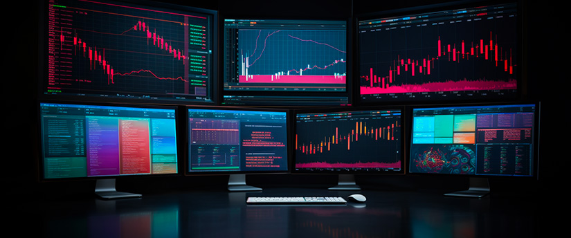 Several PCs with screens running MetaTrader 4, displaying real-time trading data.