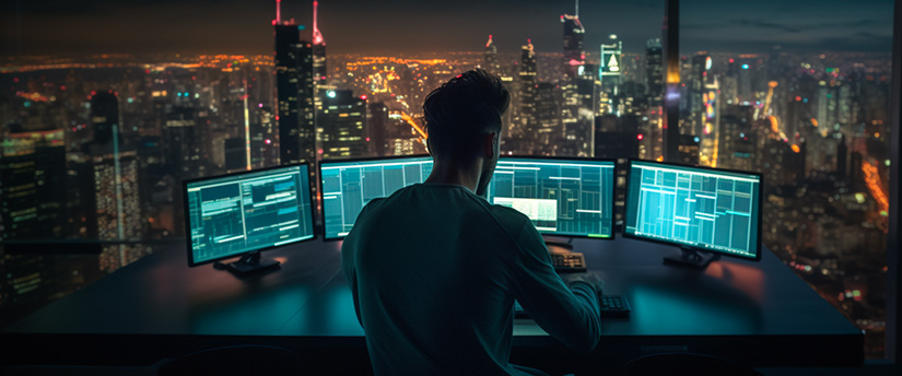A trader positioned in front of multiple monitors displaying MetaTrader 4 data, immersed in the world of trading.