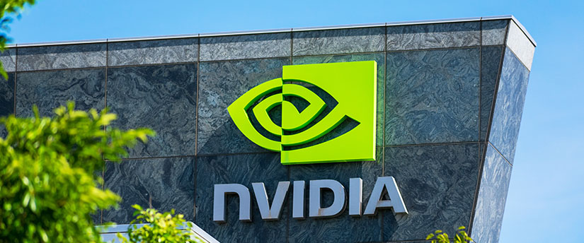 The Nvidia logo displayed on the exterior of their headquarters building.