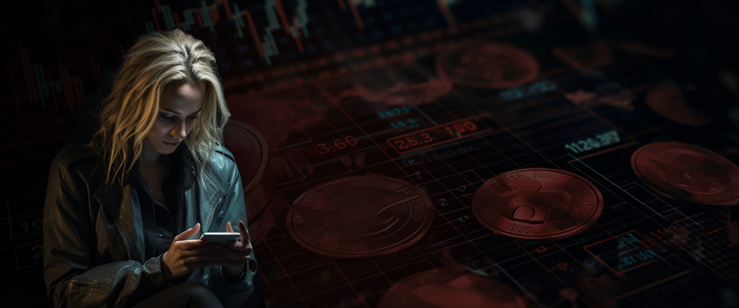 A trader, intently focused on her phone, actively trading forex with financial data in the background, exemplifies the dynamic world of currency trading.