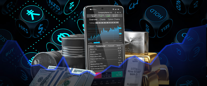 A mobile device displaying forex data with oil, gold, and various currencies in the background, representing a comprehensive trading platform.