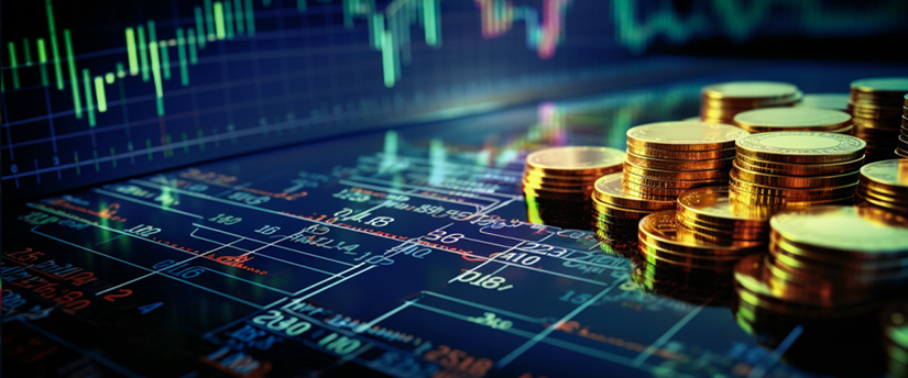 Candlesticks, numerical data, and gold coins, symbolizing the world of forex brokerage and trading.