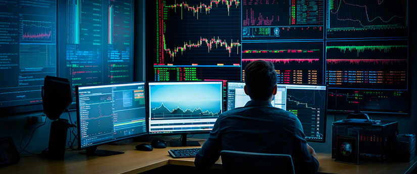A trader surrounded by multiple monitors, closely monitoring data, exemplifying the world of CFD trading.