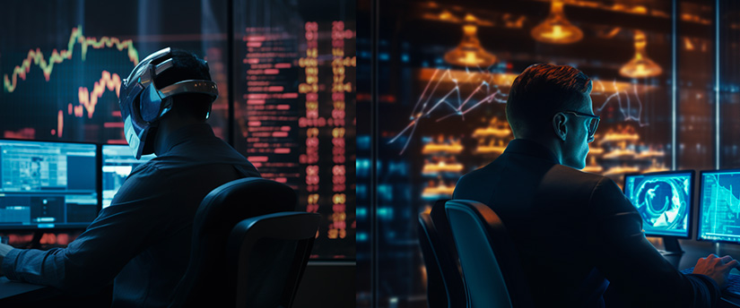 Two men sitting back to back in front of their trading screens on a dark backdrop referring to examples of CFDs