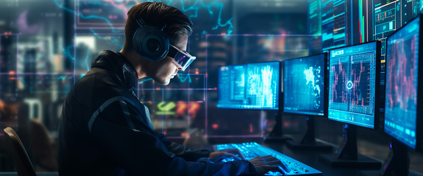 A man wearing VR set and sitting in front of multiple trading screens referring to trading and examples of CFDs