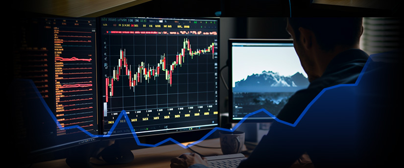 A focused CFD trader, immersed in data analysis, surrounded by monitors.