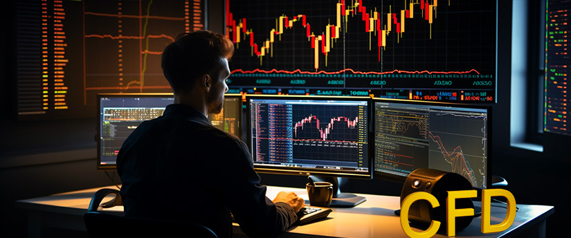An attentive trader surrounded by monitors, diligently analyzing data in the realm of CFD trading