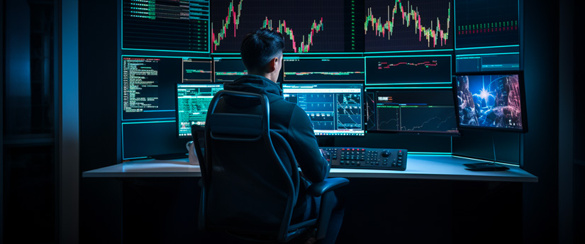 A trader in front of numerous monitors filled with data, immersed in the world of CFD trading