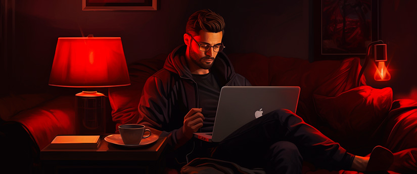 A relaxed trader seated on a sofa, confidently holding a laptop while engaging in CFD trading.