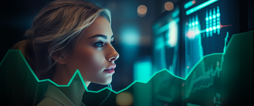 a woman looking at technical charts referring to trading and examples of CFD