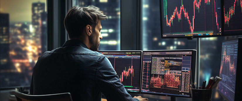 A trader standing in front of multiple screens, portraying the role of a CFD broker.