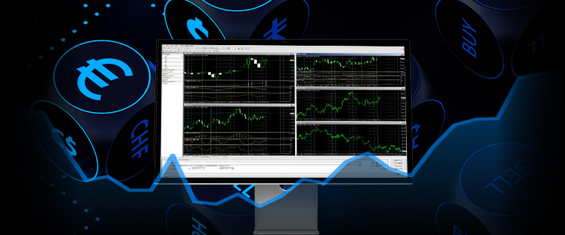 A PC running MetaTrader 4 with real-time data reflecting spreads in trading.
