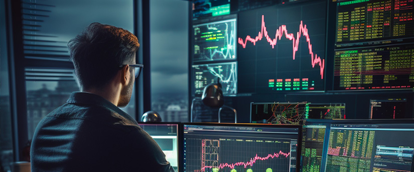 A trader monitoring screens, exemplifying the responsibilities of a CFD broker in the financial markets.