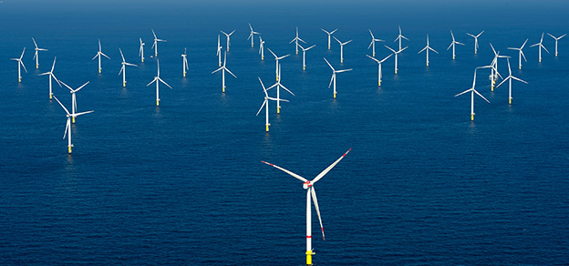 A large group of wind turbines in the ocean