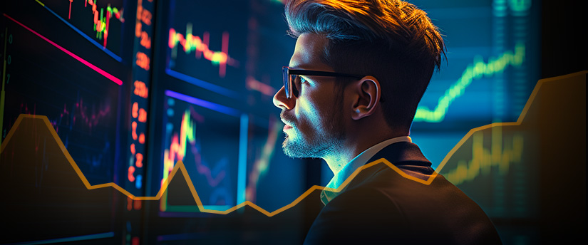A man looking at a CFD trading chart on a computer screen. He is analyzing the chart to make trading decisions.