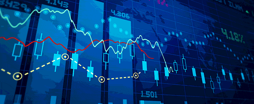 A digitla board (blue) with multiple market charts drawn on it. The charts show different types of financial data.