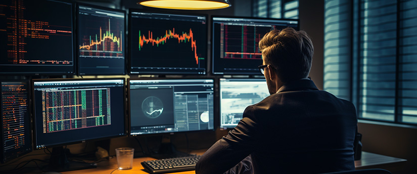A man sits at his desk, surrounded by monitors. He is trying to analyze the forex market and start CFD trading.