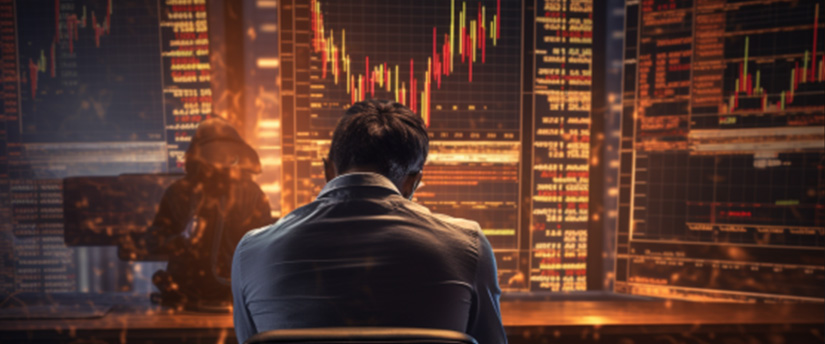 A man sits at his desk, focused on the trading platform on his computer monitor. Using a laptop to trade CFDs.