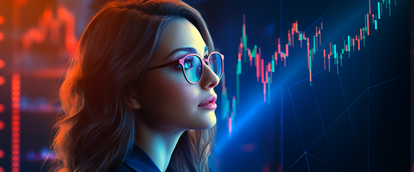 a woman looking at a candlestick graph on a screen depicting how to choose a CFD broker