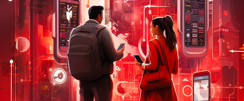 a man and a woman with some phones in a red background depicting whether CFD is profitable