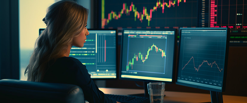 A female CFD trader sits and begins trading with the MT4 platform. She starts her CFD trading journey.