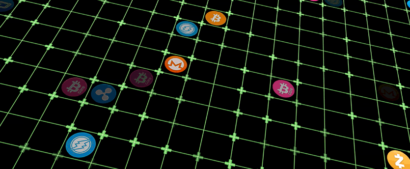 A chessboard with different cryptocurrencies and fiat currencies represented by coins.