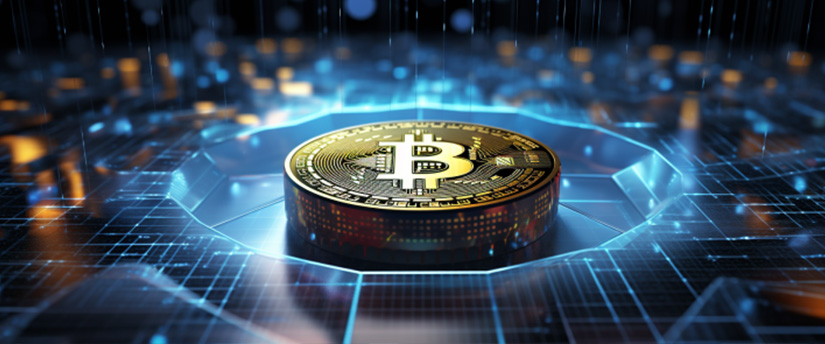 A close-up of a cryptocurrency coin Bitcoin on a digital background with blue digital