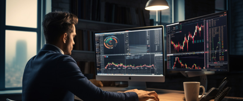 trader in monitor with a candlestick graph with a buy and sell option depicting why trade cryptocurrency CFDs