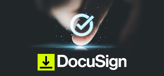 A hand touching a device with a checkmark above it, and "DocuSign" in front, represents successful and efficient digital document signing.