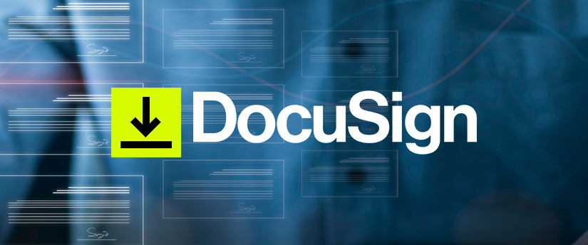 DocuSign with a downward-pointing arrow, alongside documents, illustrates the digital signature platform's role in document management and signing.