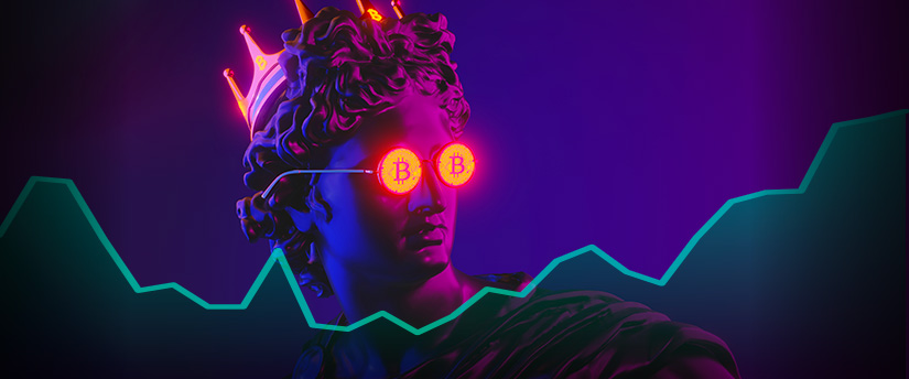 An ancient statue wearing sunglasses with a Bitcoin symbol and a diagram, representing the fusion of tradition and cryptocurrency.