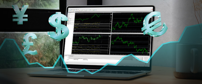 Laptop computer with currency signs in Metatrader 4 platfrom, flying out of it, representing financial growth and success.