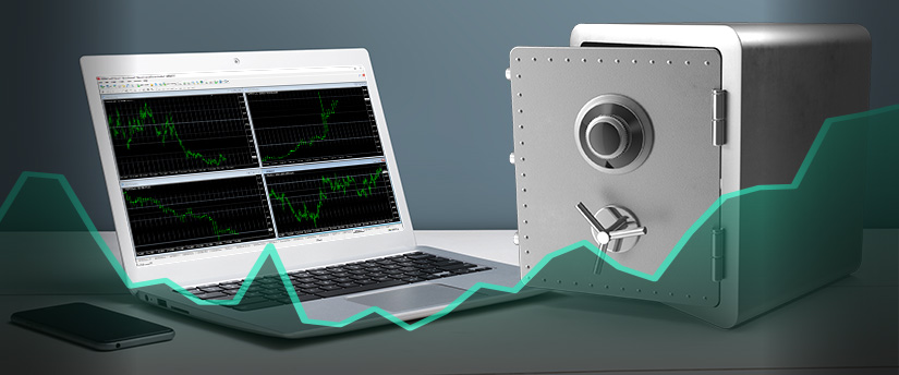 A screen of a laptop with screenshot of the Metatrader 4 trading platform, showing multiple charts of different financial instruments.