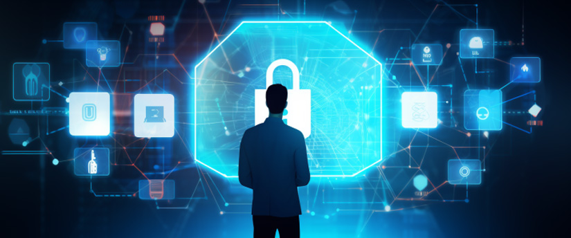 Man gazing at locked futuristic screen, pondering secrets and challenges beyond. Security of data and privacy of information