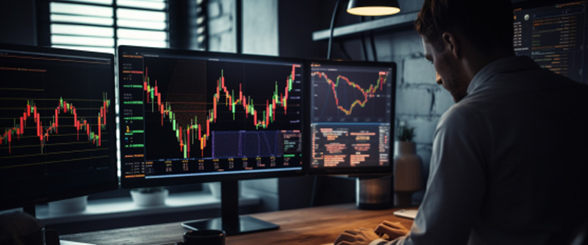 A man sitting in front of three computer monitors, trading cryptocurrency and forex.